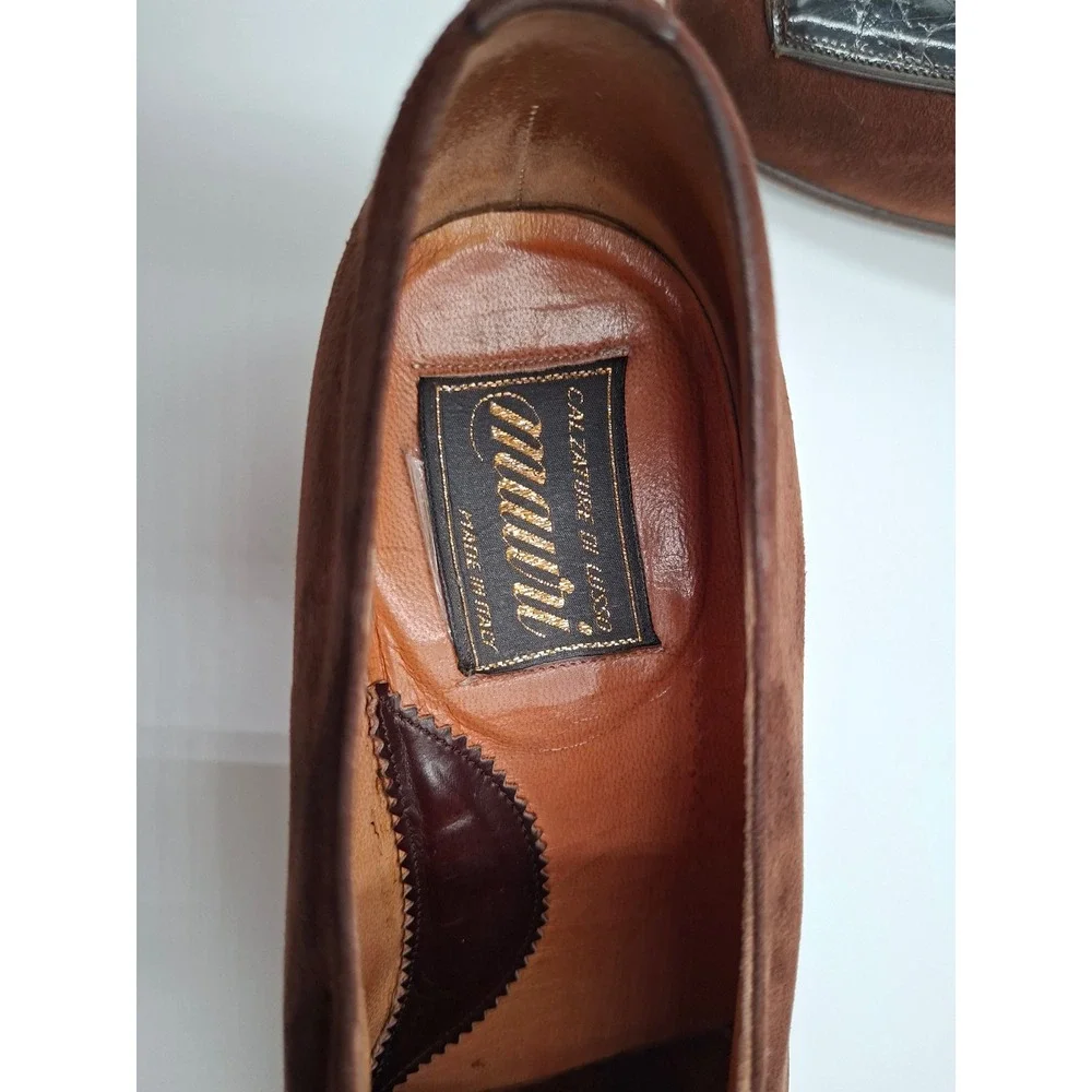 Mauri Mens Brown Suede Crocodile Embossed Leather Loafers Size 8 D Italy Vintage